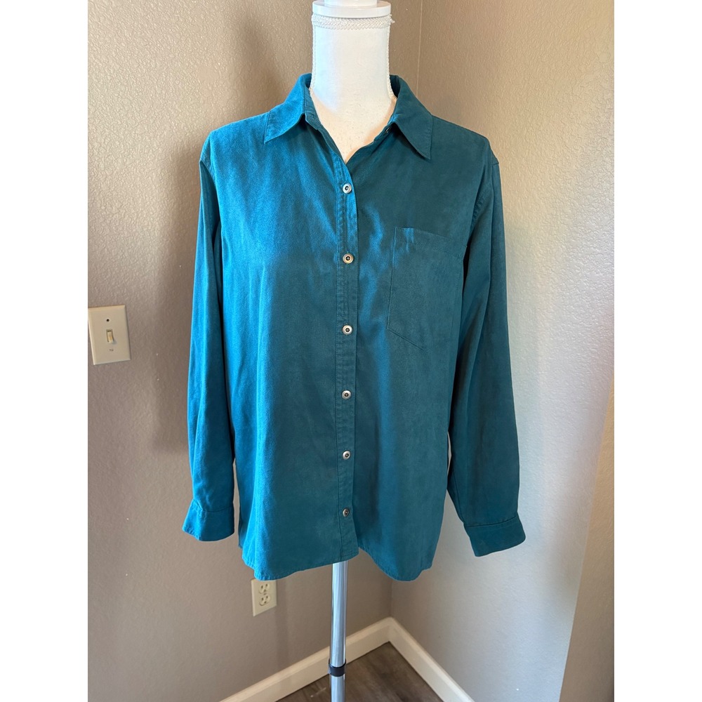 Chicos Design Teal Blue Faux Suede Button Down Shirt Womens Size 1 Medium Pocket